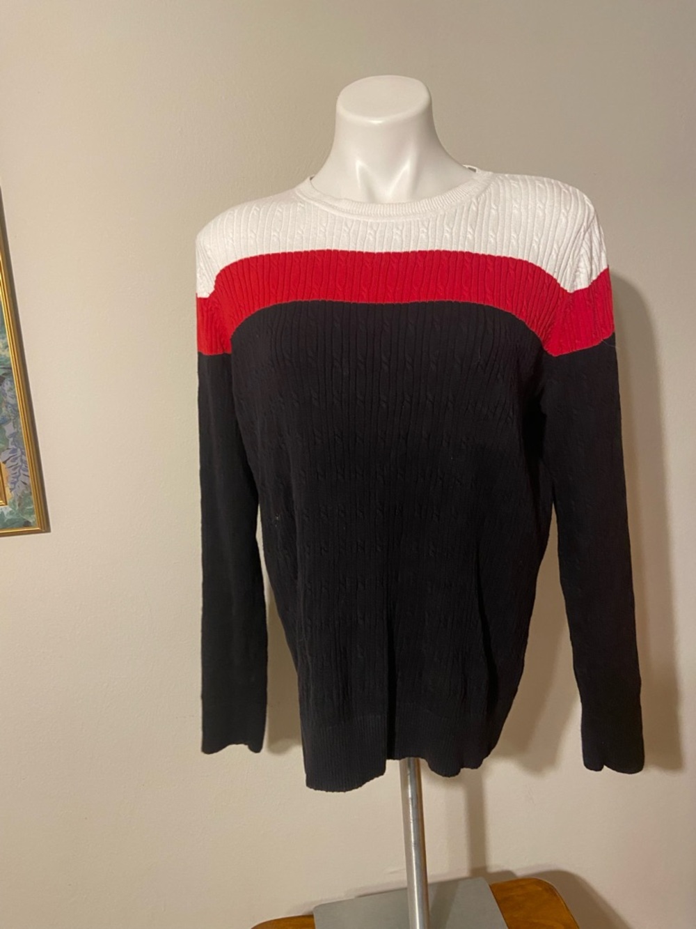 Kim Rogers Women’s Crewneck Colorblock Cable Knit Sweater - Black, Red & White